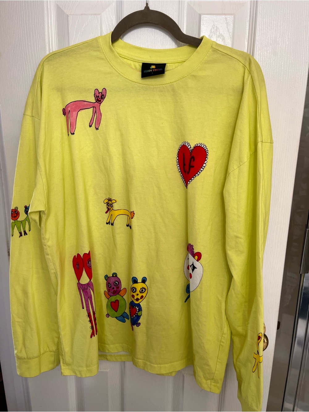 Long-Sleeve Teddy Fresh Tee in Neon Yellow with Playful Heart & Animal Prints